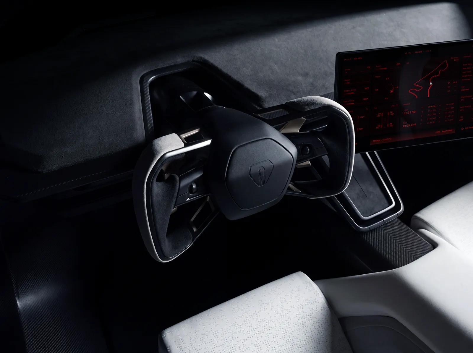 The yoke and a slim driver display above gray microsuede.